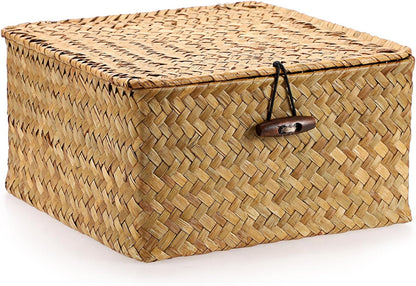 Hipiwe Seagrass Basket with Lid Wicker Storage Basket Square Handwoven Decorative Baskets Box for Shelf Multipurpose Household Baskets Home Decor,X-small