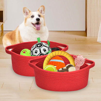 ABenkle Small Basket with Handles, Boho Decorative Rope Woven Dog Cat Toy Storage Bin Shelf Storage Organizer, Easter Christmas Gift Basket, 12"x8"x5", White