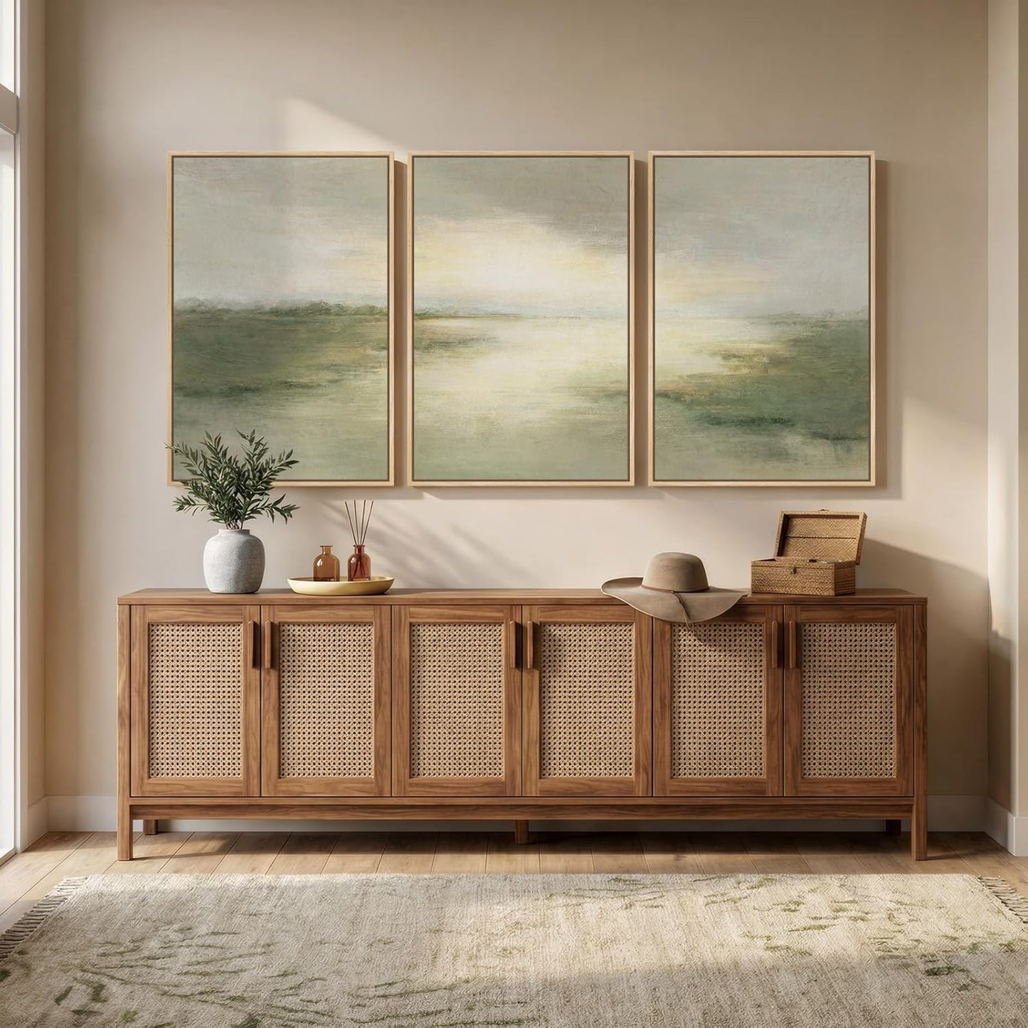 Large Framed Abstract Nature Landscape Wall Art for Living Room, Set of 3 Modern Canvas Prints Paintings Artwork for Walls, Green Lake Pictures for Hallway, Dining Room, Office Wall Decor 24x36 Inch