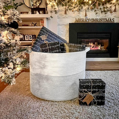 INDRESSME XXXLarge Blanket Basket for Living Room 21.7" x 21.7" x 13.8"-Storage Basket with Handle for Organizing Toy Pillows Woven Cotton Rope Laundry Basket Stuffed Animal Toy Storage for Play Room