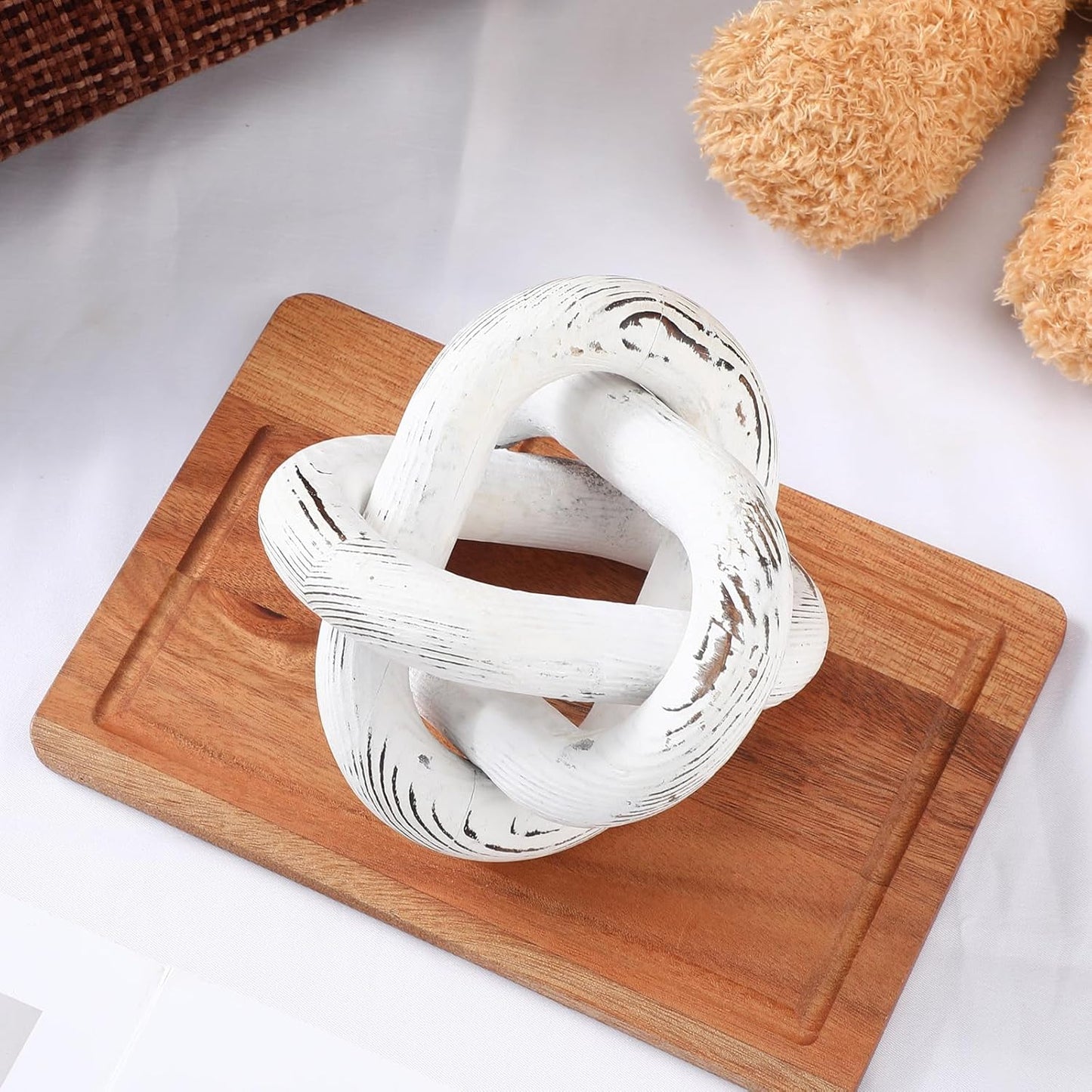 Yalikop 3 Link Wood Knot Decor Rustic Home Décor Accents Hand Carved Coffee Table Decoration, Boho Chain Link Decoration, Modern Shelf, Rustic Objects for Home Living Room Bedroom(White)