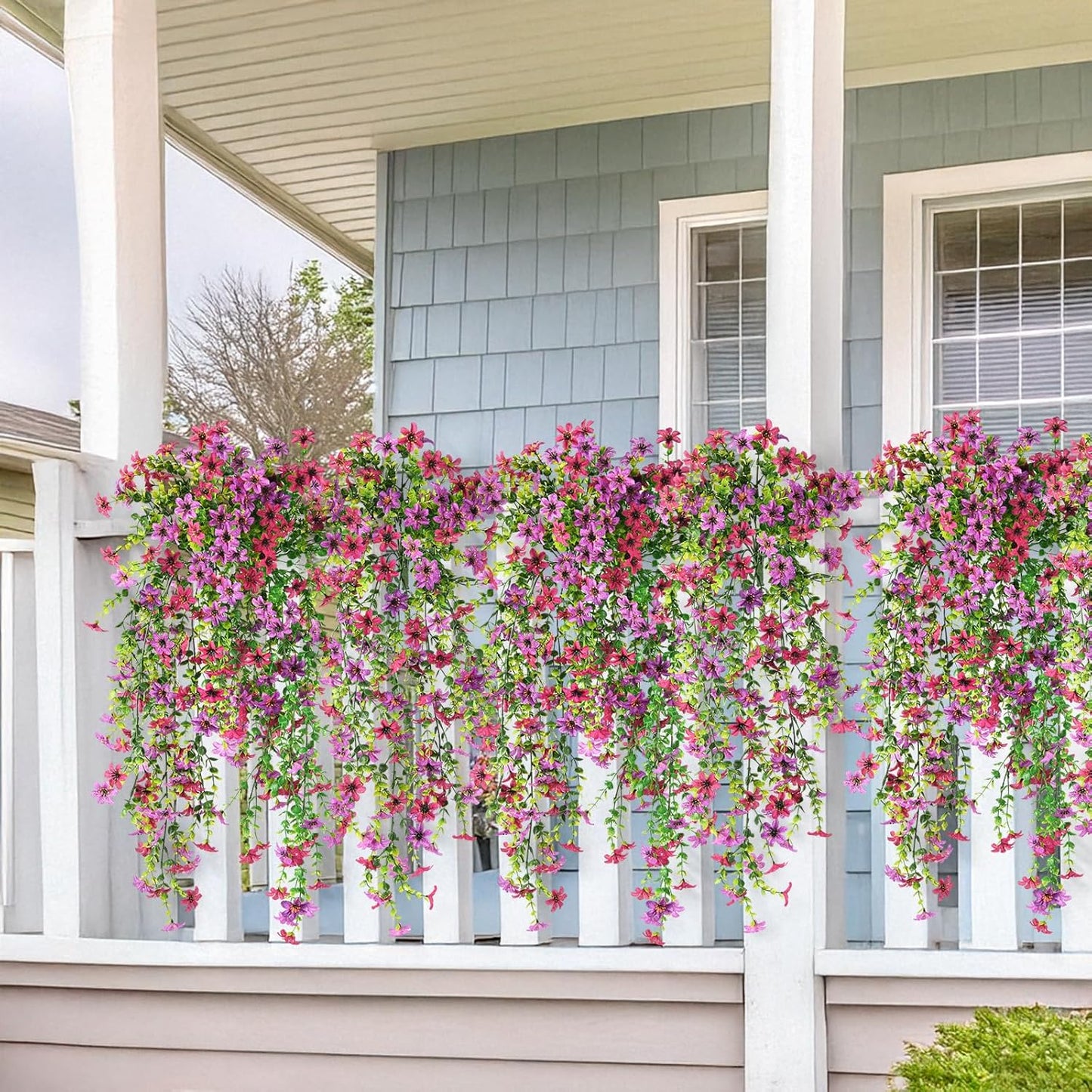 INQCMY Artificial Fake Hanging Flowers Plants for Outdoor Summer Decoration,2 PCS Faux Silk Daisy with Eucalyptus Leaves,UV Resistant Look Real for Outside Home Planter Porch Patio Balcony Yard Decor