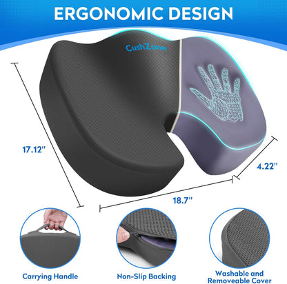 CushZone Seat Cushion - Memory Foam Office Chair Cushion for Sciatica, Tailbone & Back Pain Relief - Orthopedic Coccyx Pillow for Car, Airplane, Pregnancy & Long Sitting at Work, Black