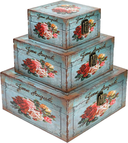 Jolitac Wood Storage Box Set of 3, Vintage Decorative Nesting Boxes Wooden Treasure Storage Crates With Latch, Home Decor Rustic Antique Boxes With Lid for Photos, Jewelry, Cash (Chair)