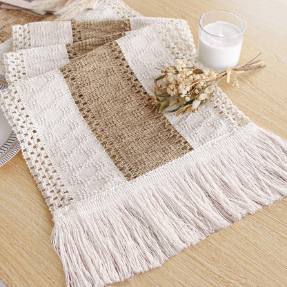 FEXIA Boho Table Runner for Thanksgiving Fall Christmas Home Decor with Tassels 72 Inches Long Pottery barn Furniture Farmhouse Rustic Macrame Burlap Table Decoration for Living Room (12x72 Inches)