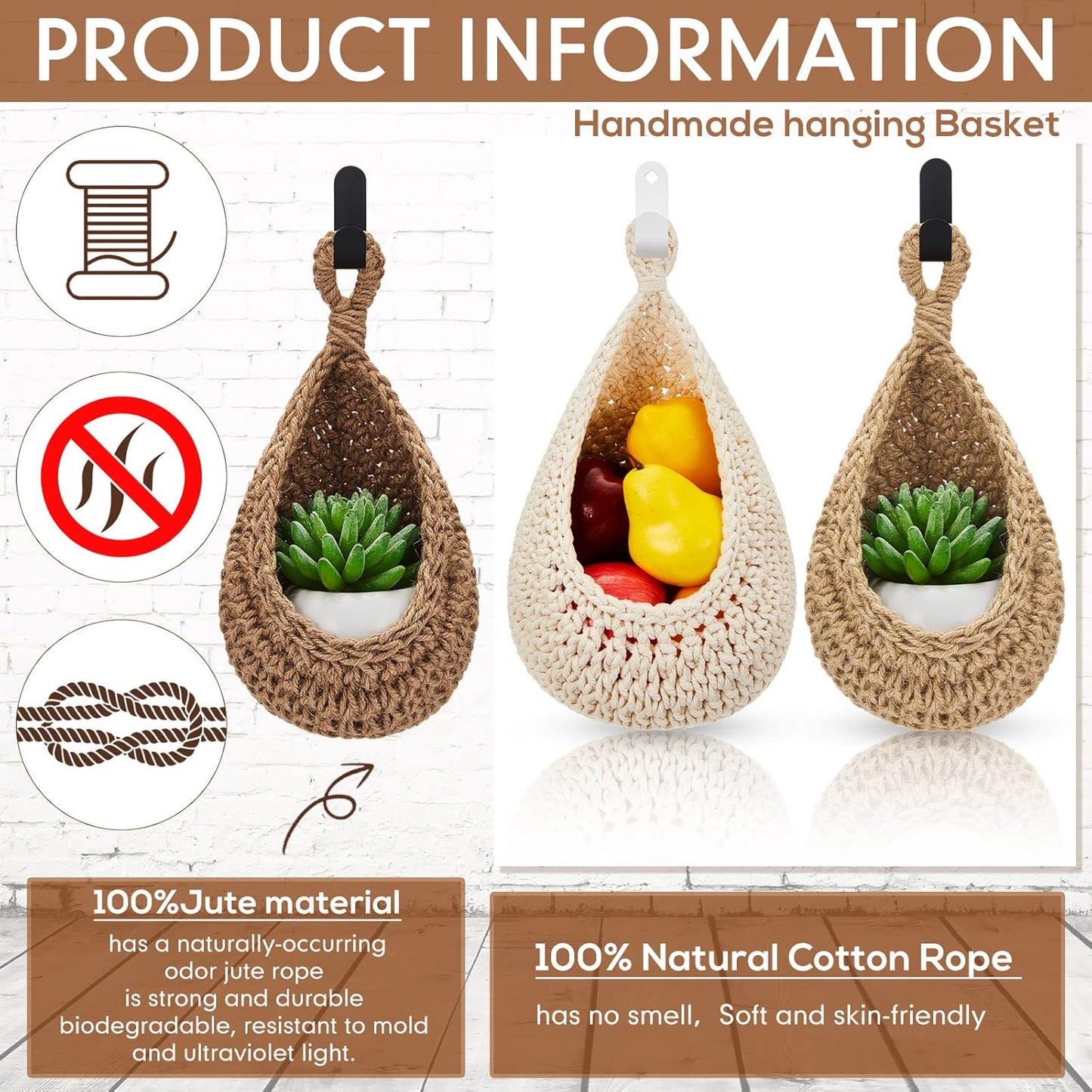 Honeydak Boho Decor Hanging Wall Baskets for Kitchen 3 Pack Teardrop Baskets with Hooks Storage Fruit Onion Vegetable Potato for Home 3 Sizes(Linen,Teardrop,Jute)