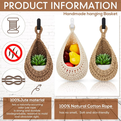 Honeydak Boho Decor Hanging Wall Baskets for Kitchen 3 Pack Teardrop Baskets with Hooks Storage Fruit Onion Vegetable Potato for Home 3 Sizes(Linen,Teardrop,Jute)