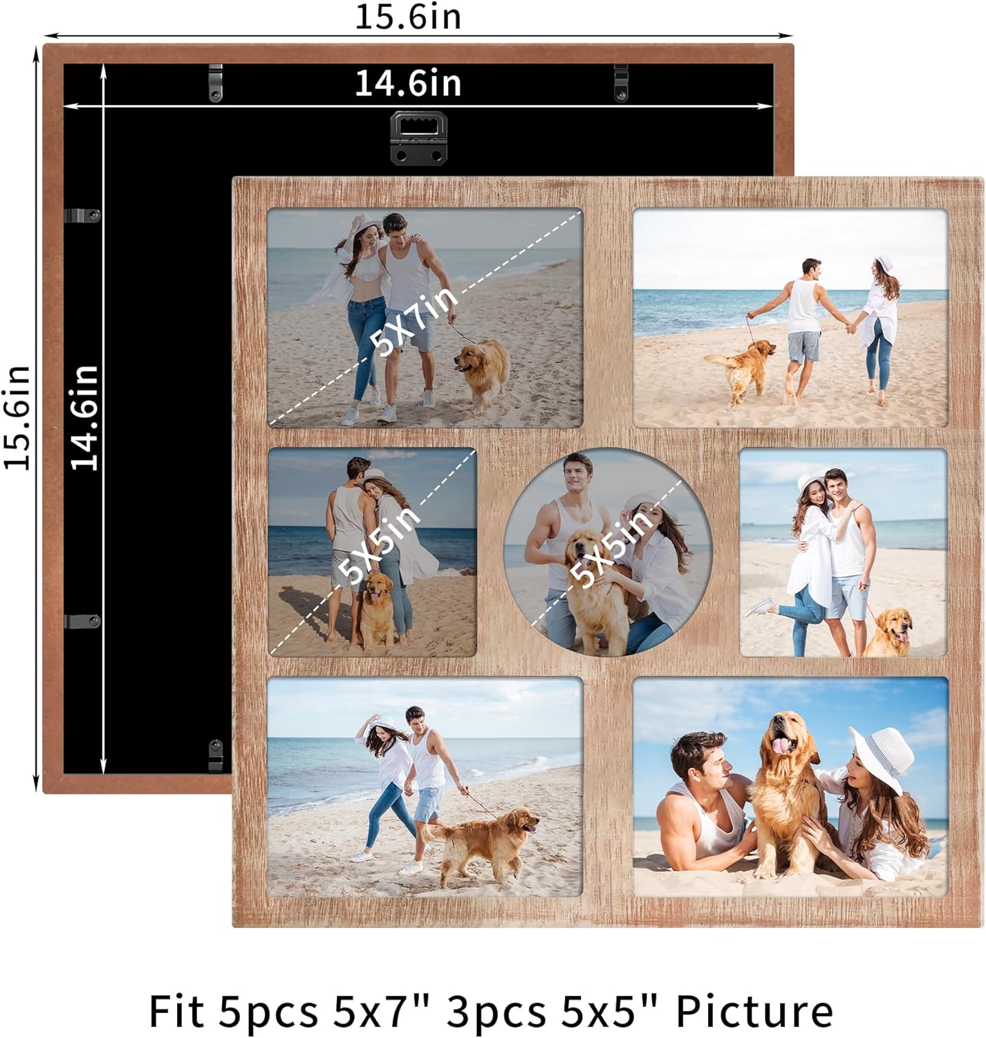 YESKAY 4x6 Picture Frame Collage for Wall Decor, Multiple Photo Collage Frames with Tempered Glass, 7-Opening for 4 x 6 Picture Frames, Rustic Brown, 1 Pack