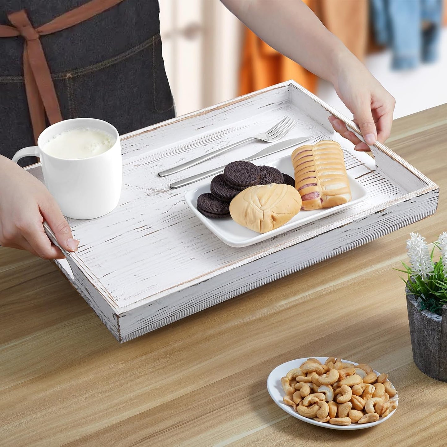 17 Inch Acacia Wood Serving Tray with Handles - Large Wooden Tray for Ottoman, Breakfast in Bed, Dinner, Coffee Table - Decorative Rectangular Tray for Living Room Bedroom Entryway and Kitchen