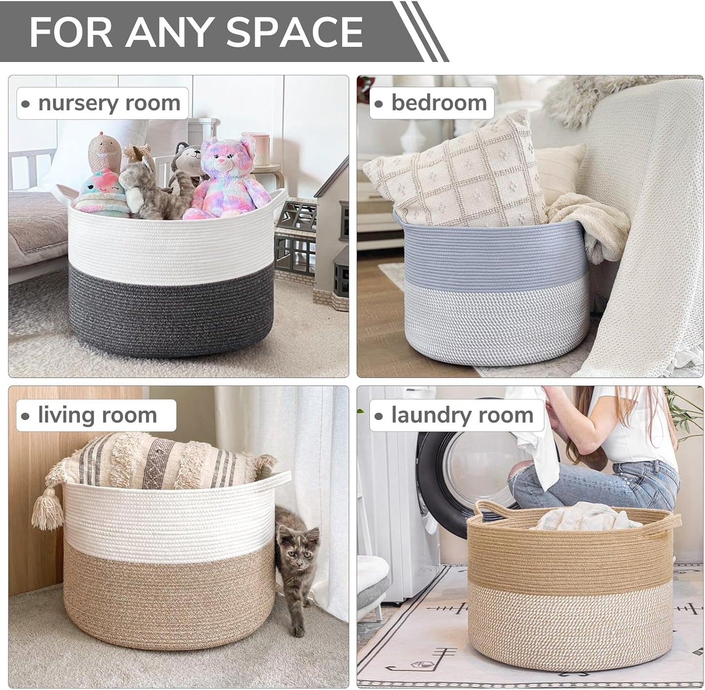 INDRESSME XXXLarge Blanket Basket for Living Room 21.7" x 21.7" x 13.8"-Storage Basket with Handle for Organizing Toy Pillows Woven Cotton Rope Laundry Basket Stuffed Animal Toy Storage for Play Room