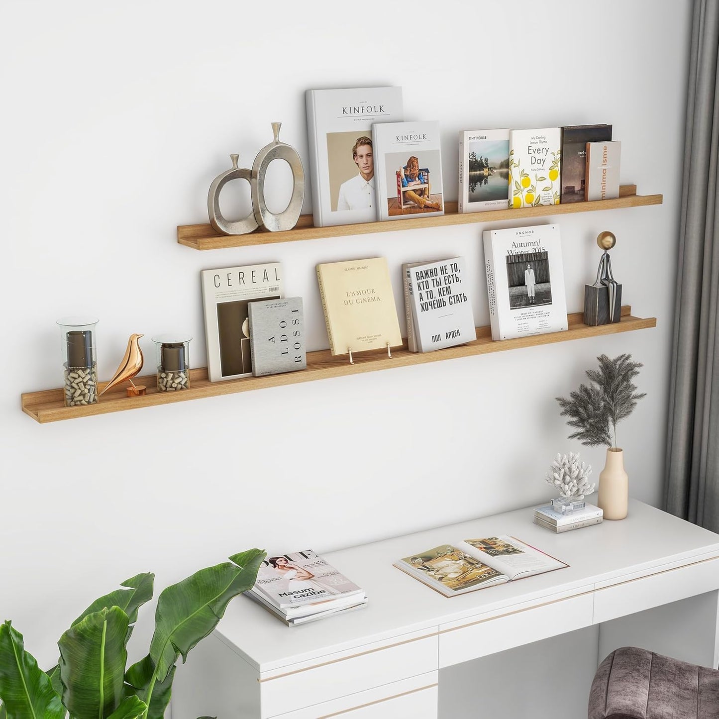FLYJOE Picture Ledge Shelf, Floating Shelves Set of 2, Solid Pine Wood 55'' Long Large Nursery Book Shelves for Toys Storage, Kids Bookshelf for Living Room Bedroom Decor Books Photo Frames, Walnut