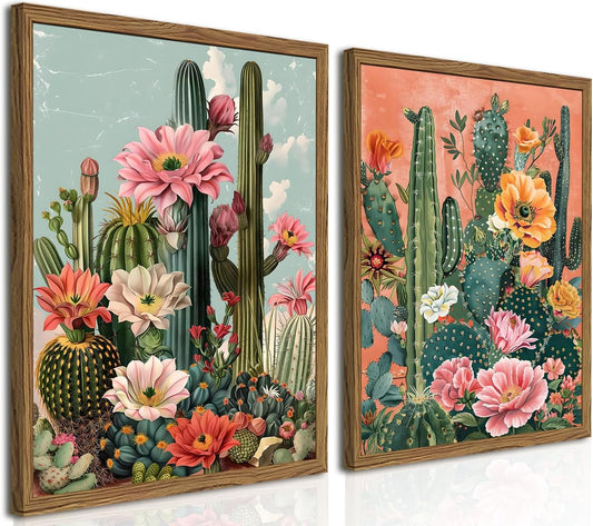 Framed Vintage Western Nature Landscape Wall Art Set of 3, Striped Postcards Southwest Desert Cactus Pictures Wall Decor Paintings, Boho Plant Canvas Prints for Living Room Bedroom Office 12x16 inch