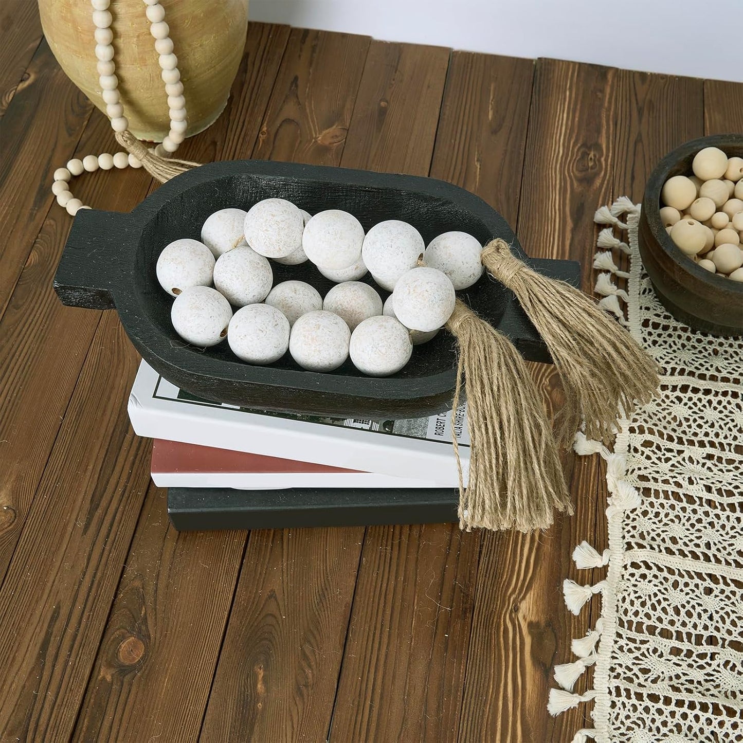 OMISHE Extra Large Wood Bead Garland with 1.6" Diameter Wooden Beads and Tassels, 41" Long Rustic Farmhouse Country Decorative Beads for Home Tiered Tray Decor, Natural Beige