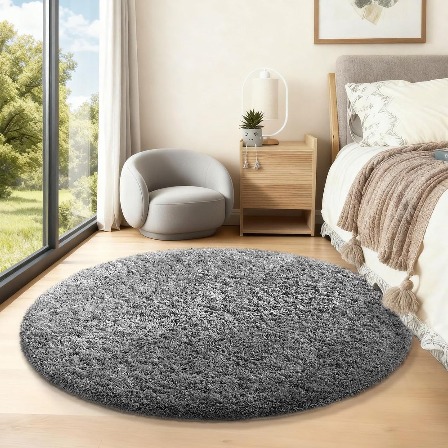 Ophanie Round Rugs 5Ft Ivory Circle Area Rug, Nursery Room Decor, Christmas Aesthetic Bedroom Home Circular Carpet 5 Foot, Fluffy Fuzzy Shag Plush Cream Living Room Rugs for Kids Boys Girls Teen Baby