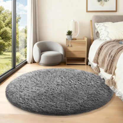 Ophanie Round Rugs 5Ft Ivory Circle Area Rug, Nursery Room Decor, Christmas Aesthetic Bedroom Home Circular Carpet 5 Foot, Fluffy Fuzzy Shag Plush Cream Living Room Rugs for Kids Boys Girls Teen Baby