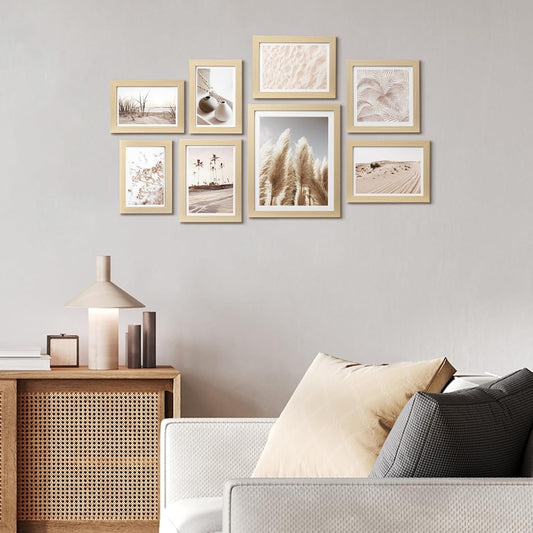 ArtbyHannah Gallery Wall Frame Set, 8 Pack Picture Frames Collage Wall Decor with Neutral Pampas Grass Art for Living Room, Assorted Size Including 11"x14", 8"x10", 5"x7"(Beige Frame)