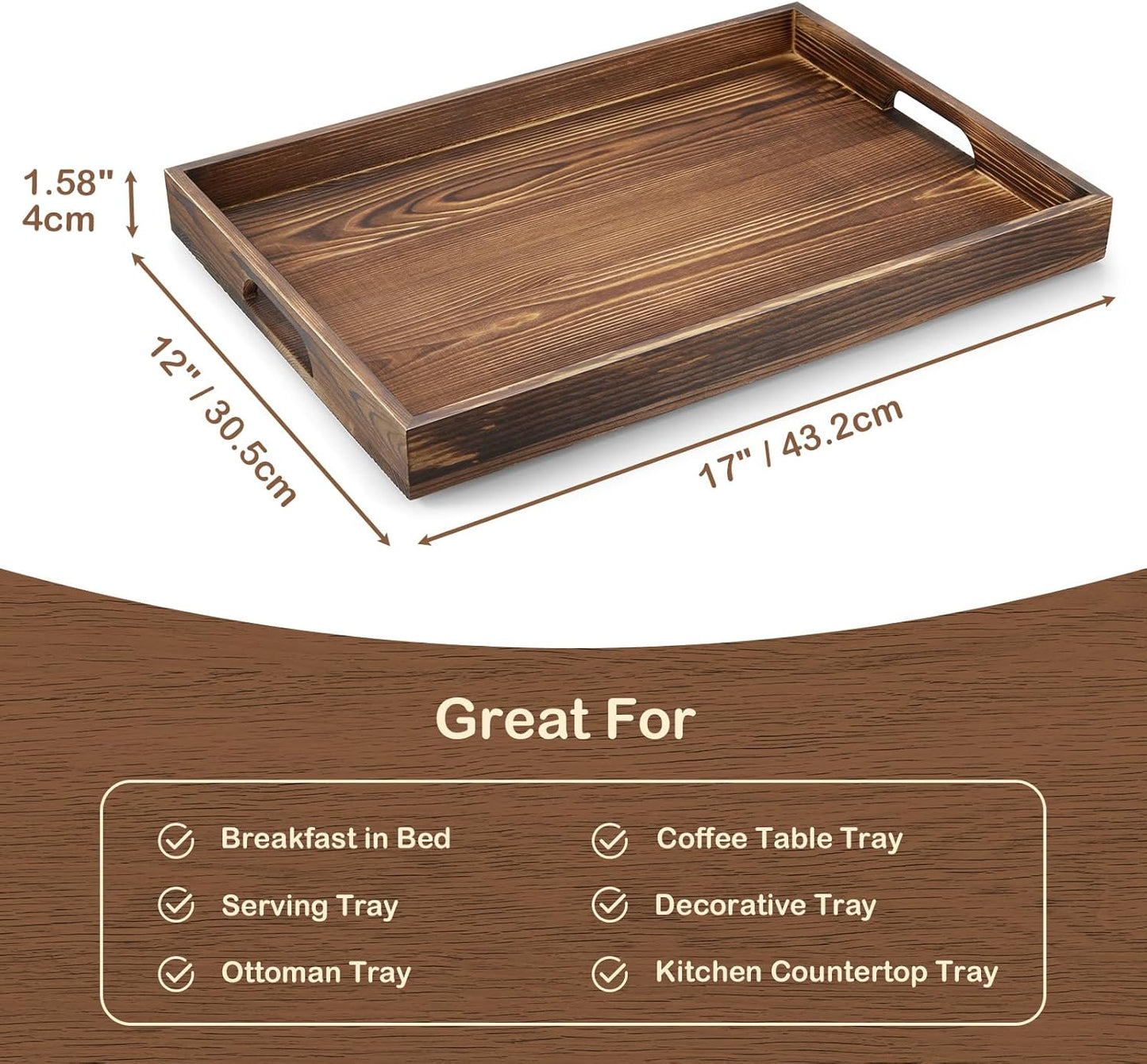 17 Inch Acacia Wood Serving Tray with Handles - Large Wooden Tray for Ottoman, Breakfast in Bed, Dinner, Coffee Table - Decorative Rectangular Tray for Living Room Bedroom Entryway and Kitchen