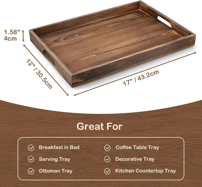 17 Inch Acacia Wood Serving Tray with Handles - Large Wooden Tray for Ottoman, Breakfast in Bed, Dinner, Coffee Table - Decorative Rectangular Tray for Living Room Bedroom Entryway and Kitchen