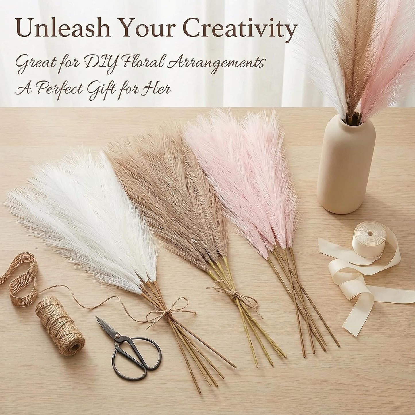 Pampas Grass Decor 21.7 Inch 30pcs, Faux Pampas Grass White Beige Brown Ultra Fluffy No Shedding for Boho Home Bedroom Wedding Vase Filler Dried Flower Arrangement