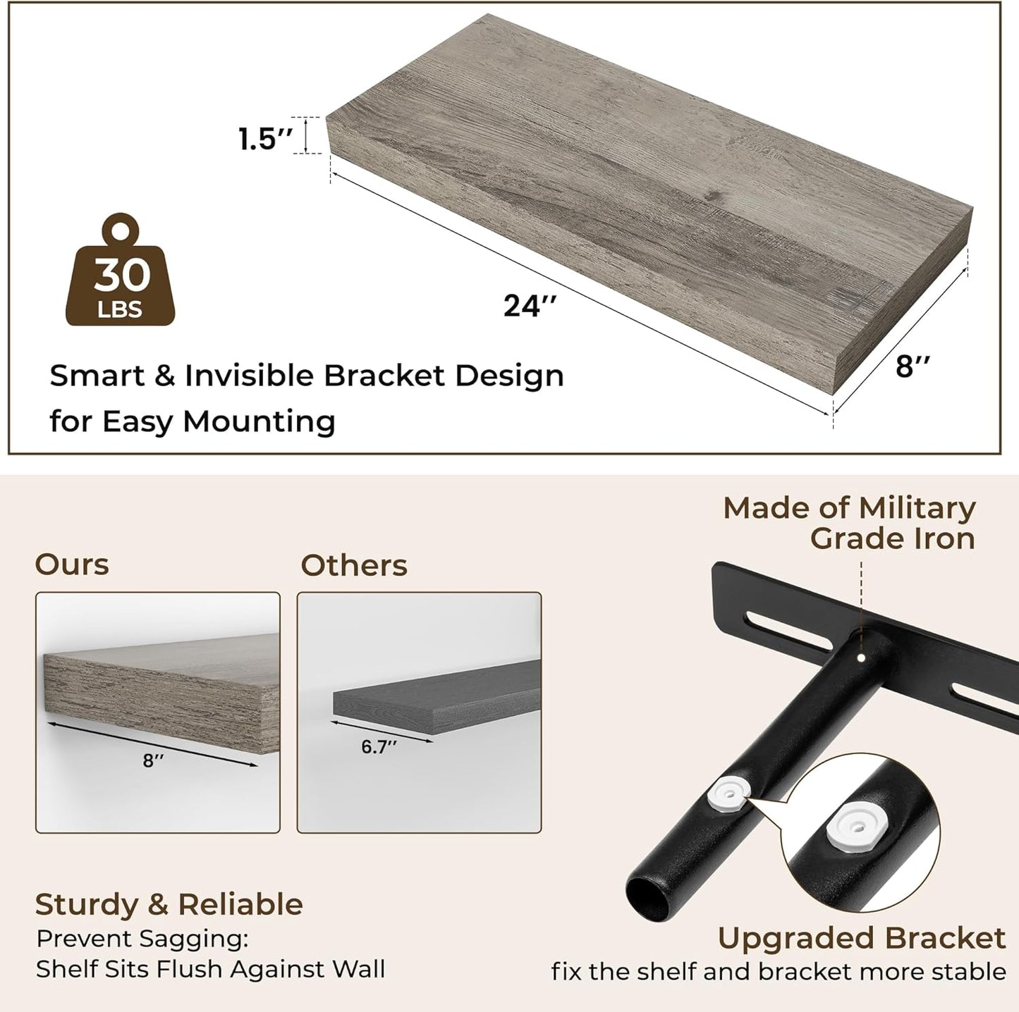 RICHFOCUS 72Inch Floating Shelves for Wall 2 Pack Shelves for Bedroom|Kitchen|Bathroom Wall Mounted Rustic Wood Floating Shelf with Invisible Brackets for Books|Storage|Decor, Rustic Brown