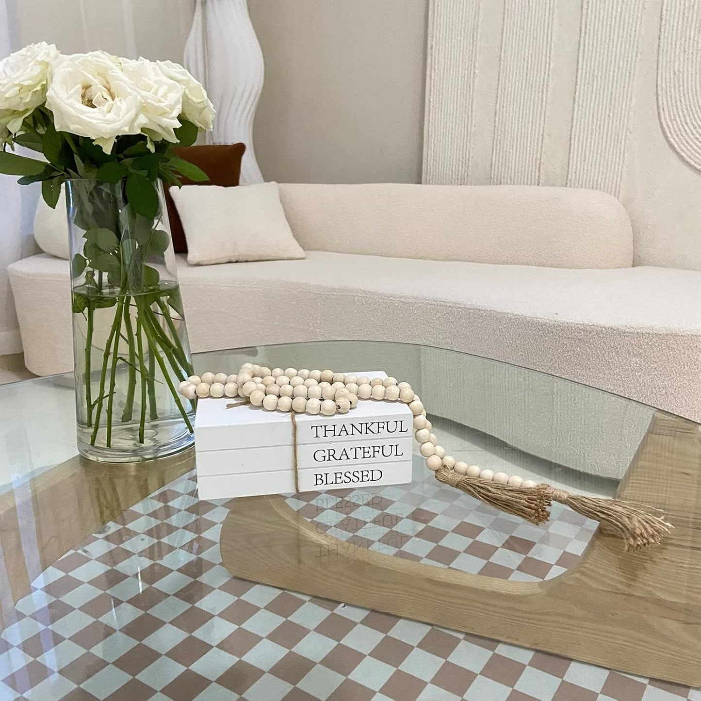 Decorative Books for Home Decor, White Faux Books for Decoration, Rustic Farmhouse Stacked Display Books with 52in Wood Bead Garland for Coffee Tables Living Room (TAKE TIME to DO)