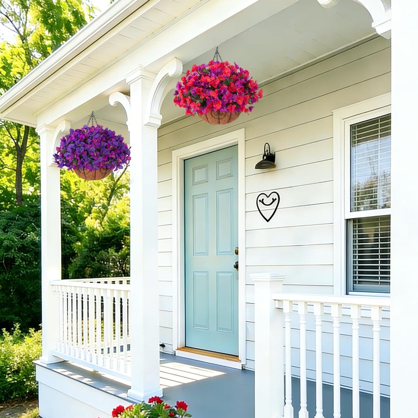 Artificial Hanging Flowers Faux Plants Basket for Outdoors Spring Summer Decor, Fake Silk Bougainvillea in Planter Outdoor Look Real UV Resistant Faux Flower for Outside Porch Patio Garden Home, White