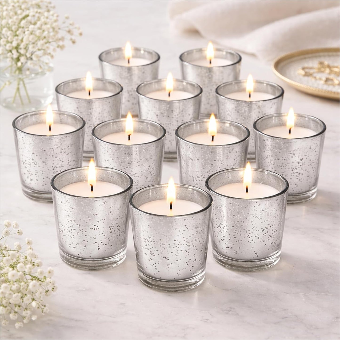 48-Pack Clear Glass Votive Candles – 10–12 Hour Long Burn, Unscented, Ivory, Bulk Set for Weddings, Events & Table Centerpieces – Hosley