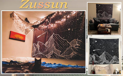 Zussun Black and White Tapestry Starry Night Mountain Tapestries for Bedroom Aesthetic Moon and Stars Tapastry's Wall Hanging Dark Nature Forest Wall Tapestry for Living Room Dorm (48'' × 36'')