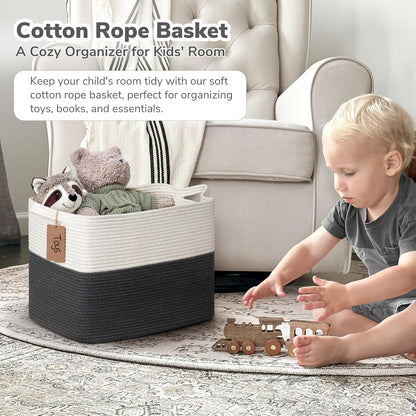 Goodpick Woven Storage Basket, Cotton Rope Basket for Dog Toys, Books, Stylish Gift Basket with Handles, 13 x 10 x 9 Inches Square Baskets for Organizing, Brown and White