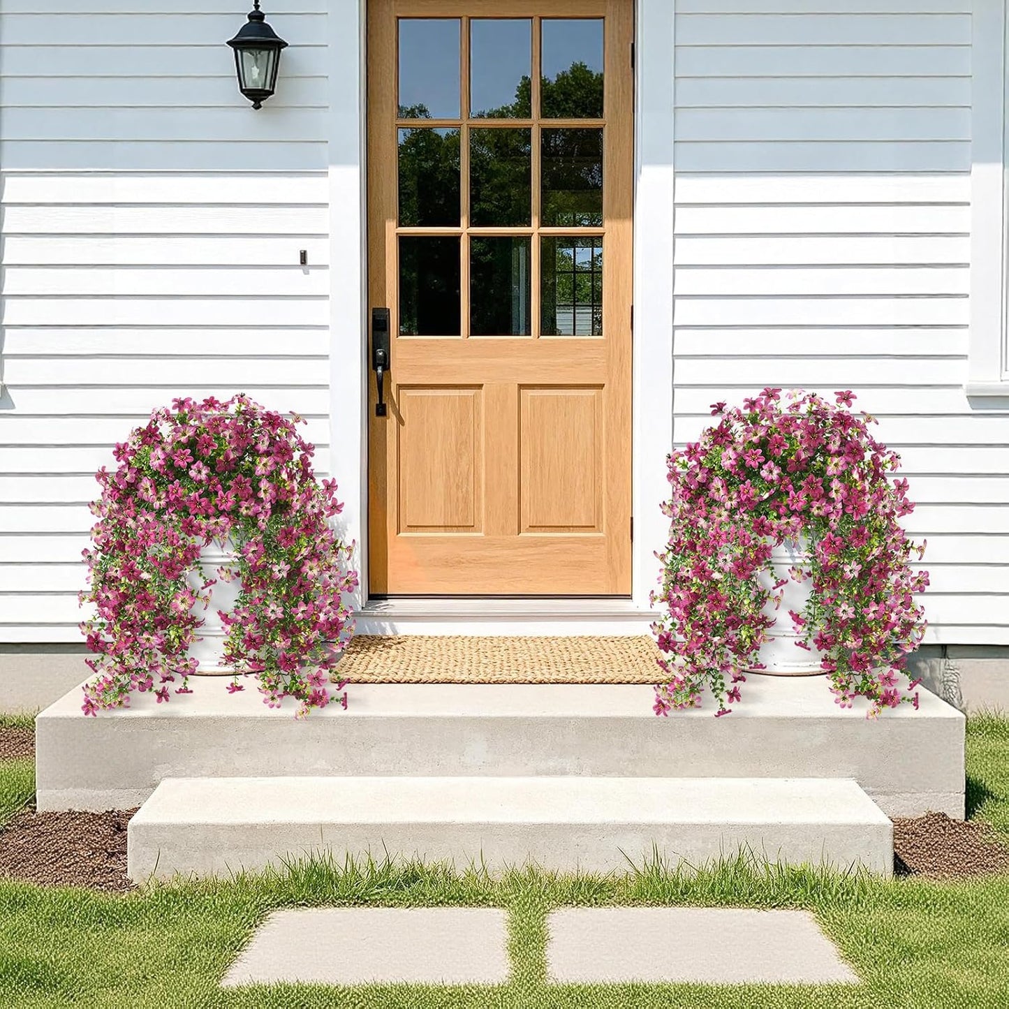 INQCMY Artificial Fake Hanging Flowers Plants for Outdoor Summer Decoration,2 PCS Faux Silk Daisy with Eucalyptus Leaves,UV Resistant Look Real for Outside Home Planter Porch Patio Balcony Yard Decor