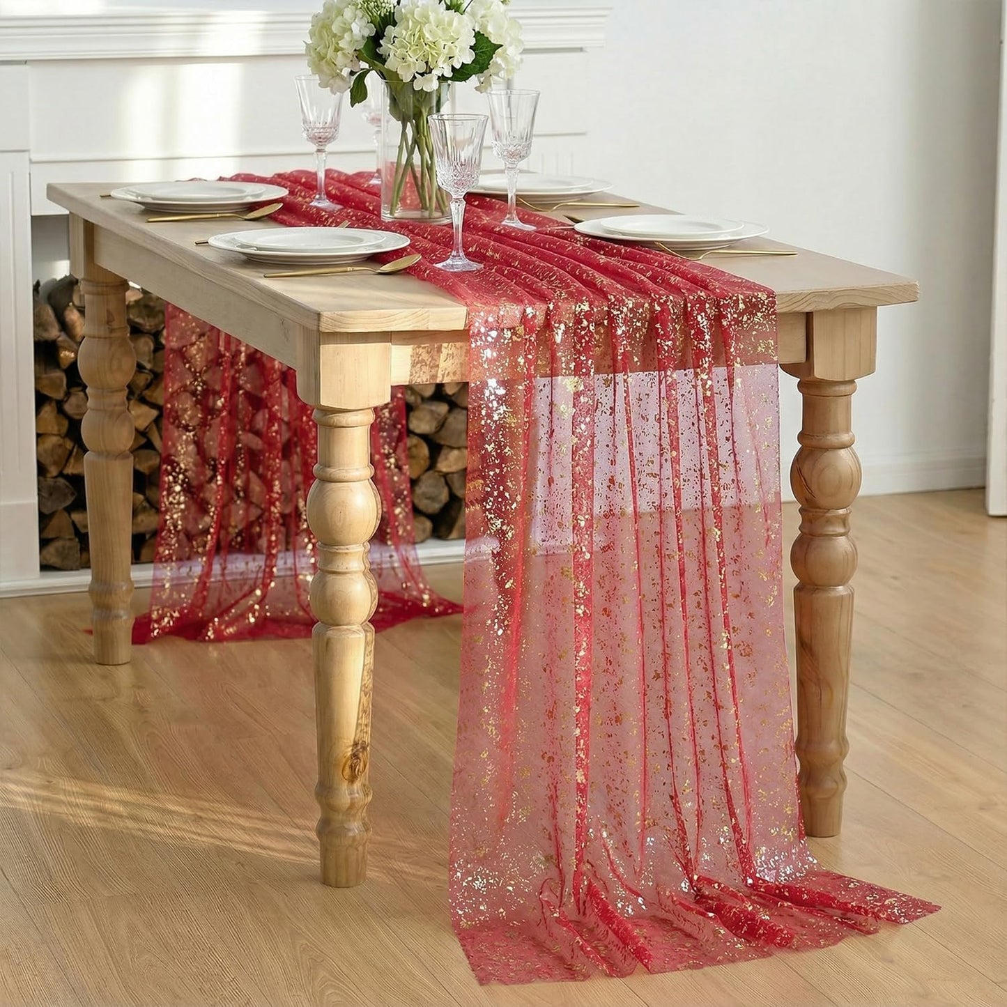 Artoid Mode Beige Gold Gauze Table Runner 120 Inch 10FT, Glitter Metallic Foil Sheer Dining Wedding Anniversary Holiday Birthday Table Decor for Home Party