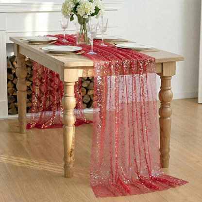 Artoid Mode Beige Gold Gauze Table Runner 120 Inch 10FT, Glitter Metallic Foil Sheer Dining Wedding Anniversary Holiday Birthday Table Decor for Home Party