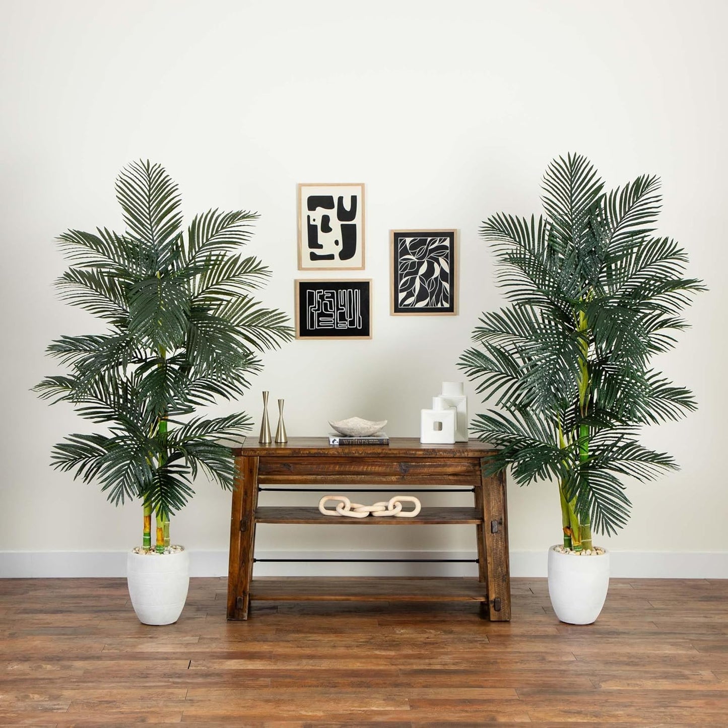 Nearly Natural 6.5ft Artificial Golden Cane Palm Tree, Lifelike Silk Indoor Palm With Three Textured Trunks Flexible Fronds Nursery Planter, Low Maintenance