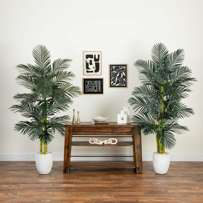 Nearly Natural 6.5ft Artificial Golden Cane Palm Tree, Lifelike Silk Indoor Palm With Three Textured Trunks Flexible Fronds Nursery Planter, Low Maintenance