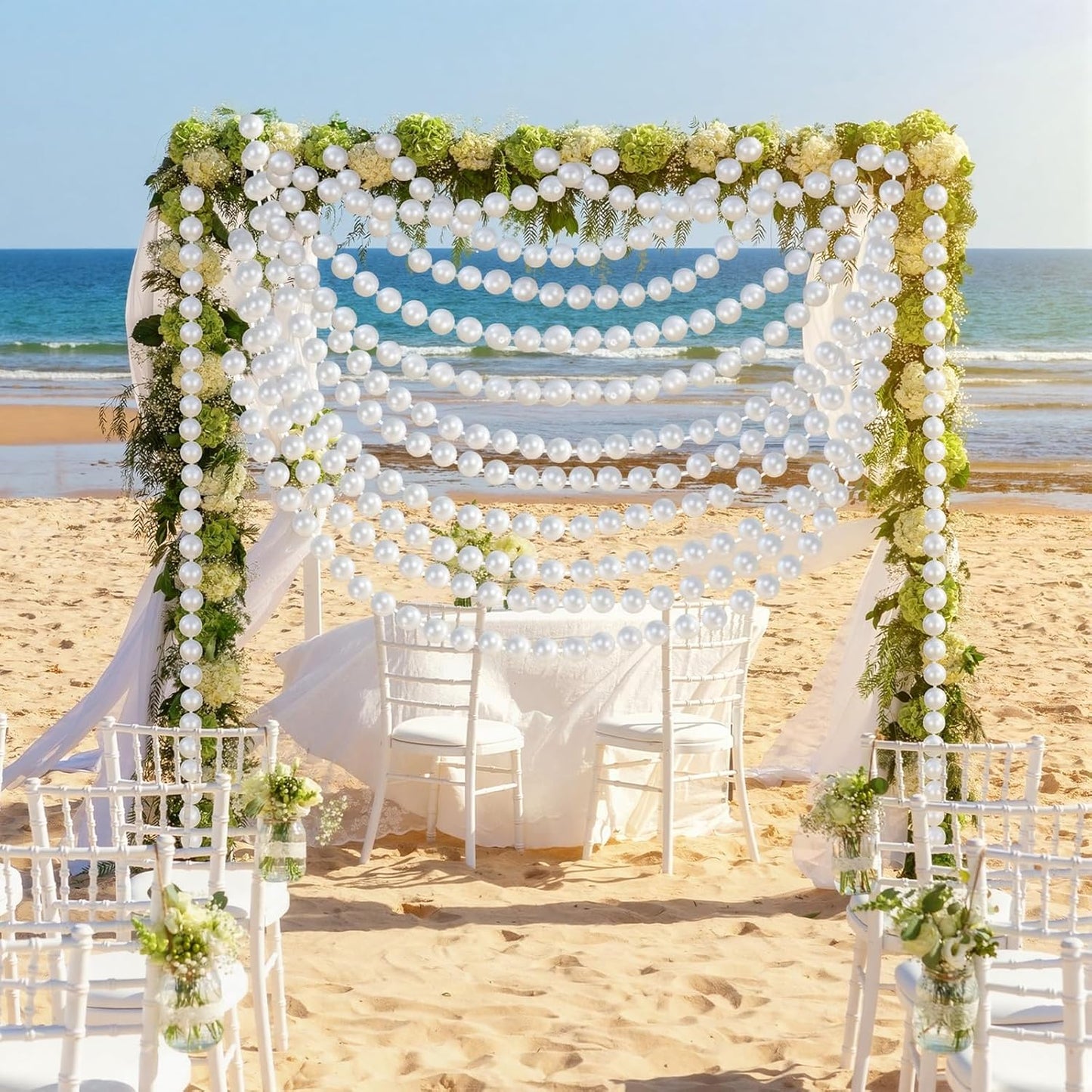 Canlierr 2 Pcs 5.6ft Wedding Giant Pearl Garland Decorations Large Faux Bead Garland with Hook for Ceremony Photo Booth Outdoor Proposal Scene Garden Beach Party Decor(Ivory White,25mm,Simple)