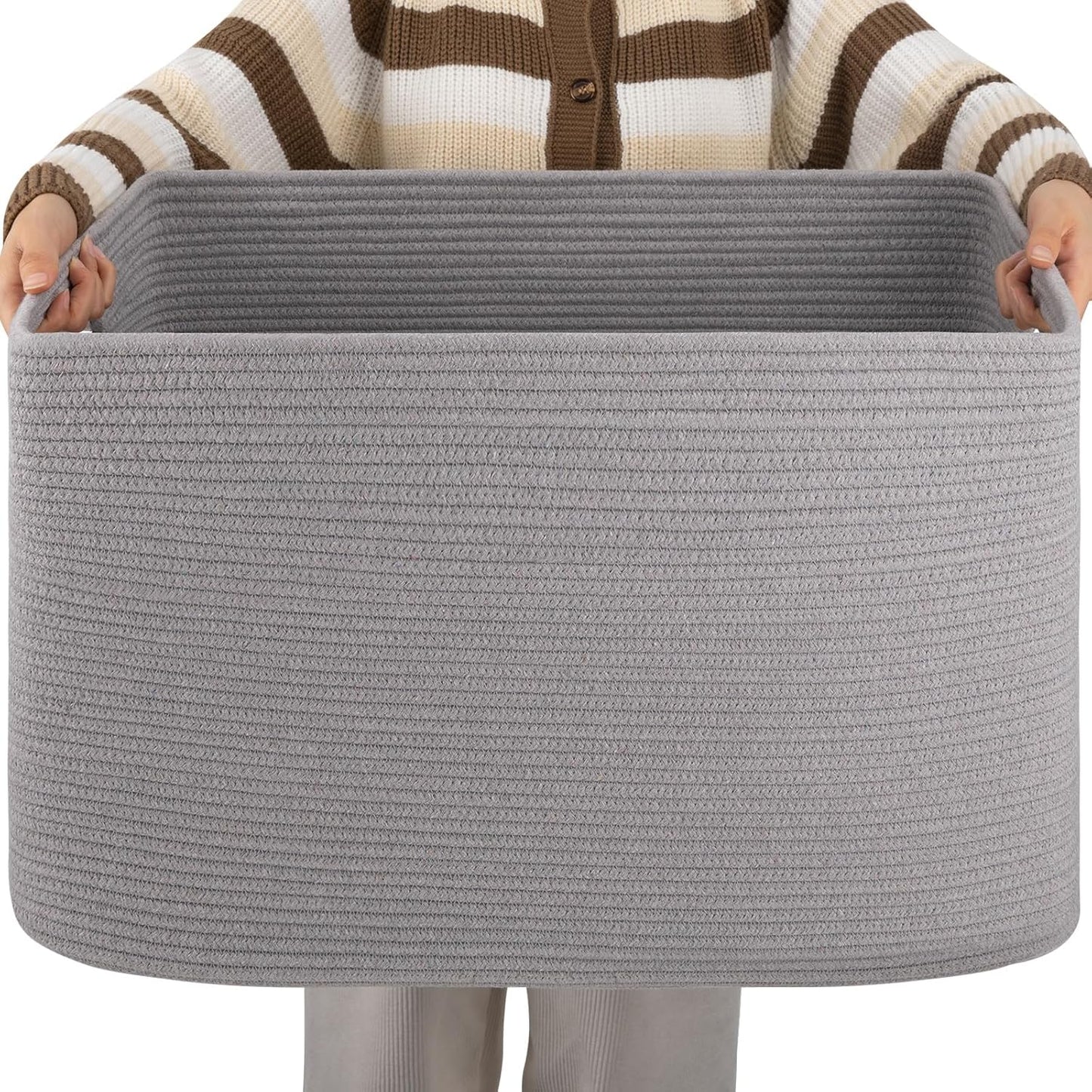 OIAHOMY 75L Large Woven Cotton Rope Storage Basket with Handle for Organizing Blanket and Toys for Living Room, Nursery, Brown Variegated 22”x17”x12”