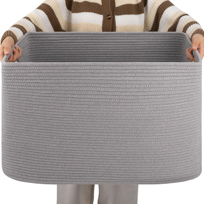 OIAHOMY 75L Large Woven Cotton Rope Storage Basket with Handle for Organizing Blanket and Toys for Living Room, Nursery, Brown Variegated 22”x17”x12”