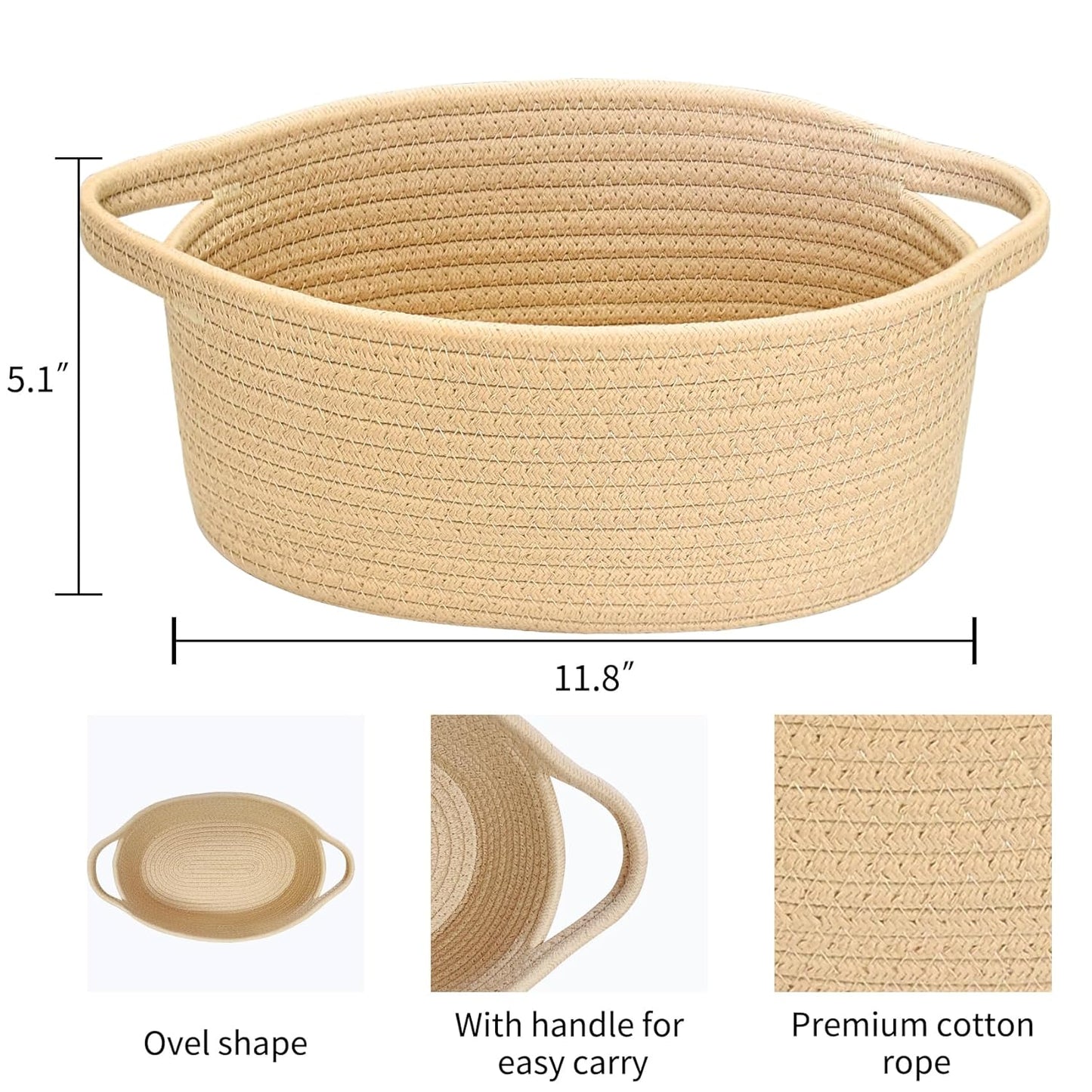 ABenkle Small Basket with Handles, Boho Decorative Rope Woven Dog Cat Toy Storage Bin Shelf Storage Organizer, Easter Christmas Gift Basket, 12"x8"x5", White