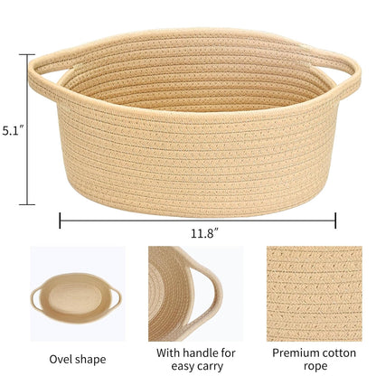 ABenkle Small Basket with Handles, Boho Decorative Rope Woven Dog Cat Toy Storage Bin Shelf Storage Organizer, Easter Christmas Gift Basket, 12"x8"x5", White