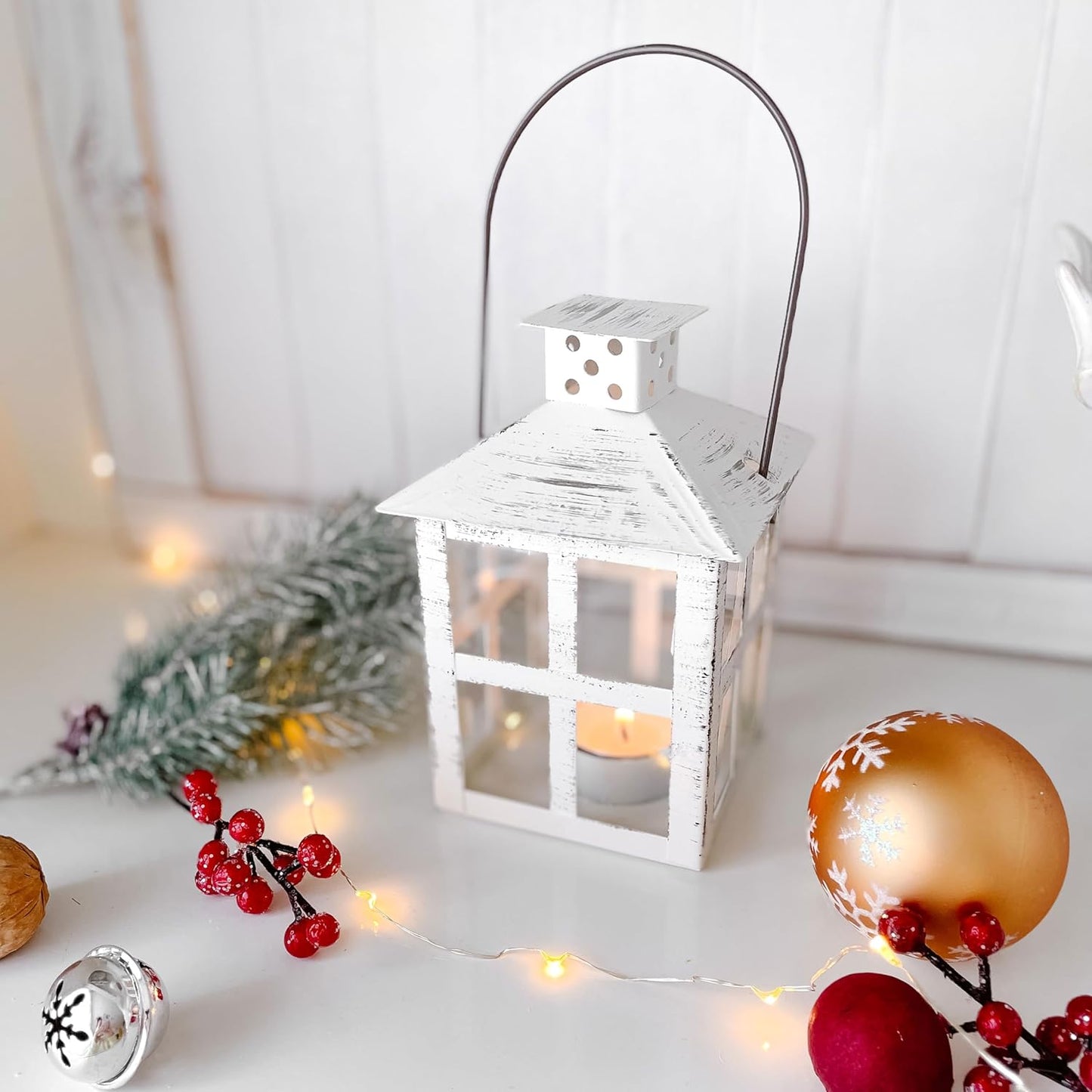 Kate Aspen Rustic Farmhouse Decor White Candle Holder Lantern Decorative (5 Inch), Wedding Decoration, Centerpiece Table Decorations, Home Decor, Shelf Decor, Fireplace Lantern