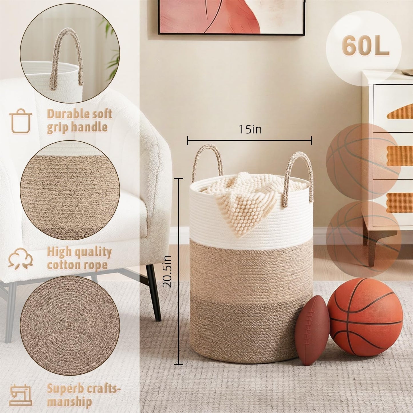 Artfeel Laundry Basket,Woven Cotton Rope Laundry Hamper,60L for Decor Storage of Dirty Clothes,Toys and Blankets in Bathroom,Baby Room and Living Room