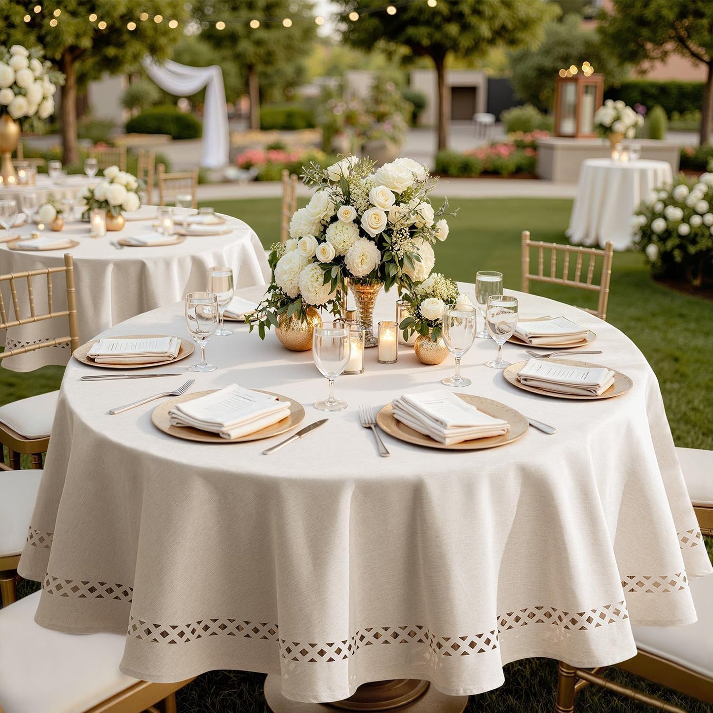 MIULEE Beige Rectangle Linen Polyester Tablecloth with Decorative Cutouts Spring Waterproof Stain Resistant & Shrink-Proof Table Cloth 52x70 inch Farmhouse Style for Dining Wedding and Outdoor