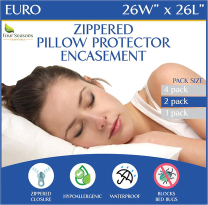 Euro Size Pillow Protectors (Set of 2) - European Square 26x26 Pillow Covers Waterproof Hypoallergenic Dust Proof Zippered Encasement