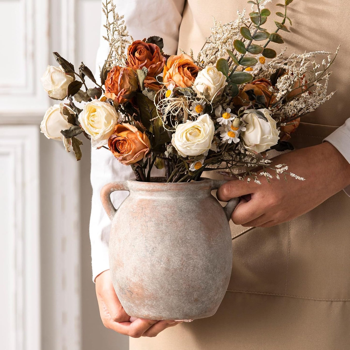 Dobbyby Ceramic Flower Vase 7.6 inch Farmhouse Rustic Vase Decorative Pottery Terracotta Vases for Home Decor Table Mantle Fireplace Living Room Bathroom Wedding Centerpiece (Whitewashed)
