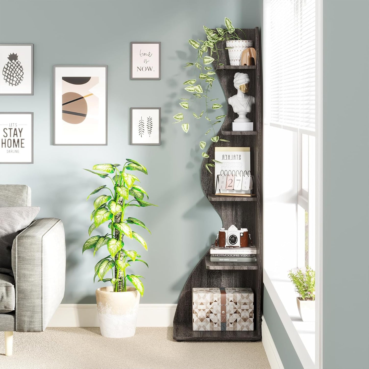 Tribesigns Corner Shelf, Modern 5-Tier Wall Corner Bookshelf, Stylish Corner Small Bookcase Storage Rack Plant Stand with Unique Shape for Living Room, Home Office (White, 1PC)