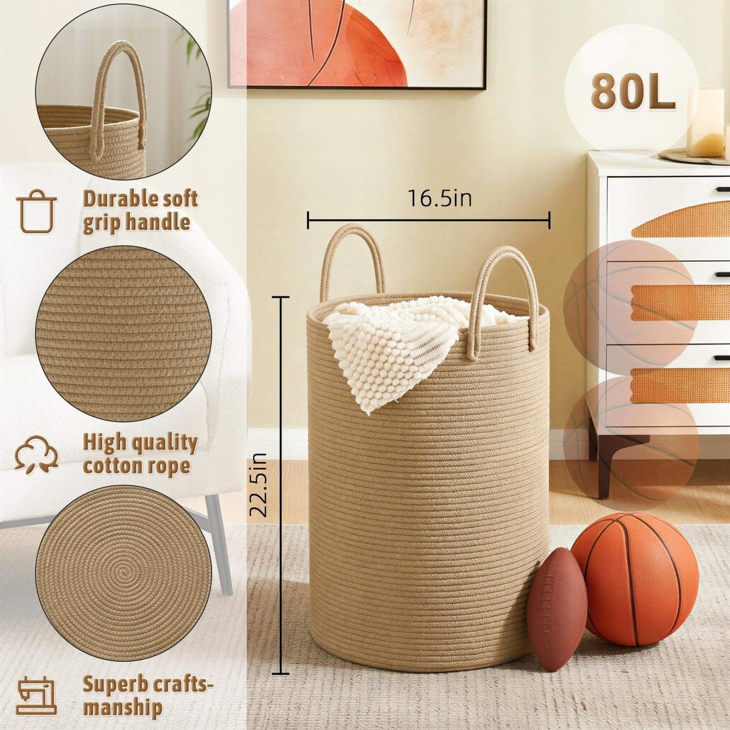Artfeel Laundry Basket,Woven Cotton Rope Laundry Hamper,60L for Decor Storage of Dirty Clothes,Toys and Blankets in Bathroom,Baby Room and Living Room