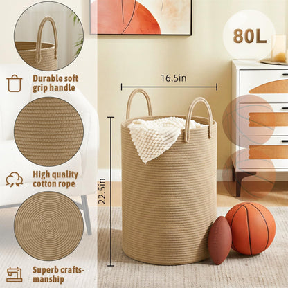 Artfeel Laundry Basket,Woven Cotton Rope Laundry Hamper,60L for Decor Storage of Dirty Clothes,Toys and Blankets in Bathroom,Baby Room and Living Room