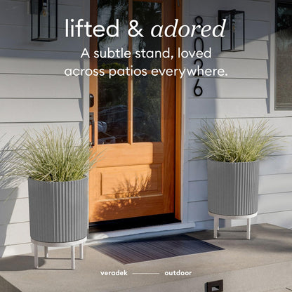 Veradek Demi Series Round Planter w/ Stand for Porch/Patio | Durable Plastic-Concrete & Wooden Stand | Modern Décor for Tall Plants, Flowers