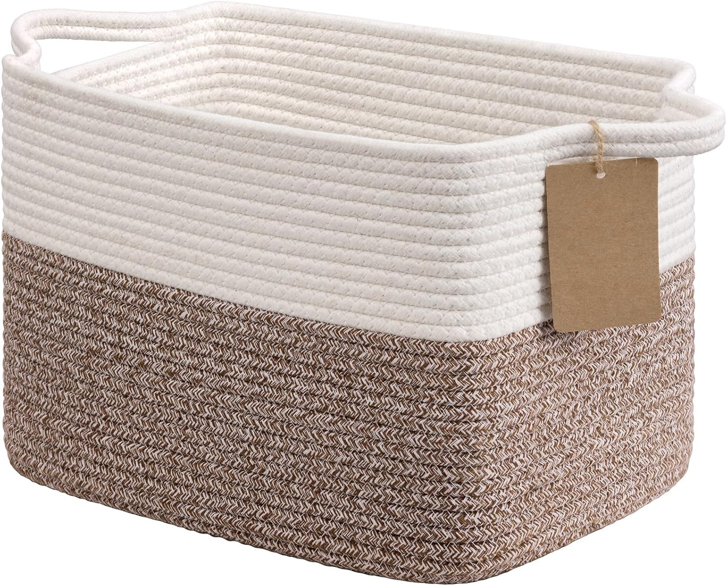 Goodpick Woven Storage Basket, Cotton Rope Basket for Dog Toys, Books, Stylish Gift Basket with Handles, 13 x 10 x 9 Inches Square Baskets for Organizing, Brown and White
