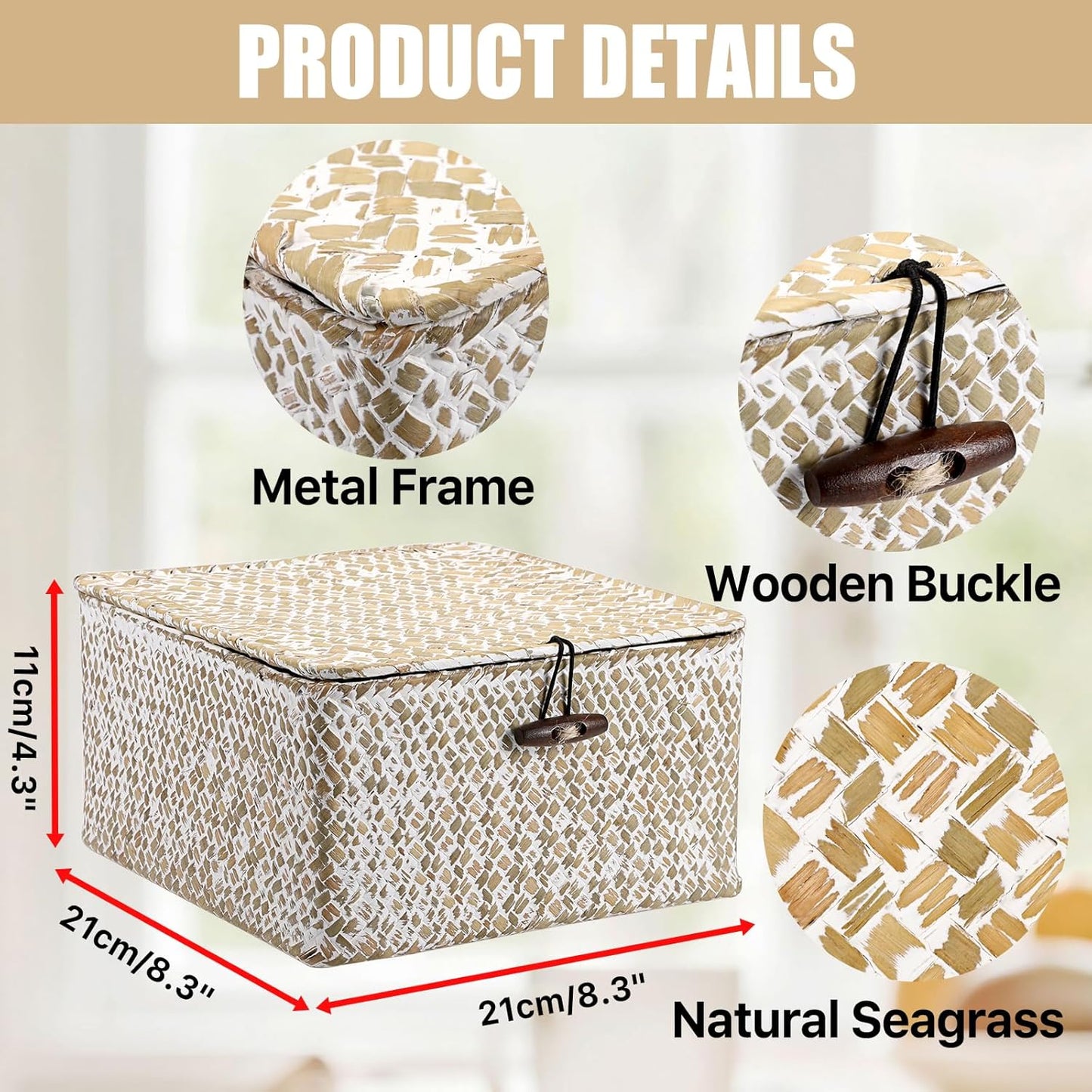 Hipiwe Seagrass Basket with Lid Wicker Storage Basket Square Handwoven Decorative Baskets Box for Shelf Multipurpose Household Baskets Home Decor,X-small